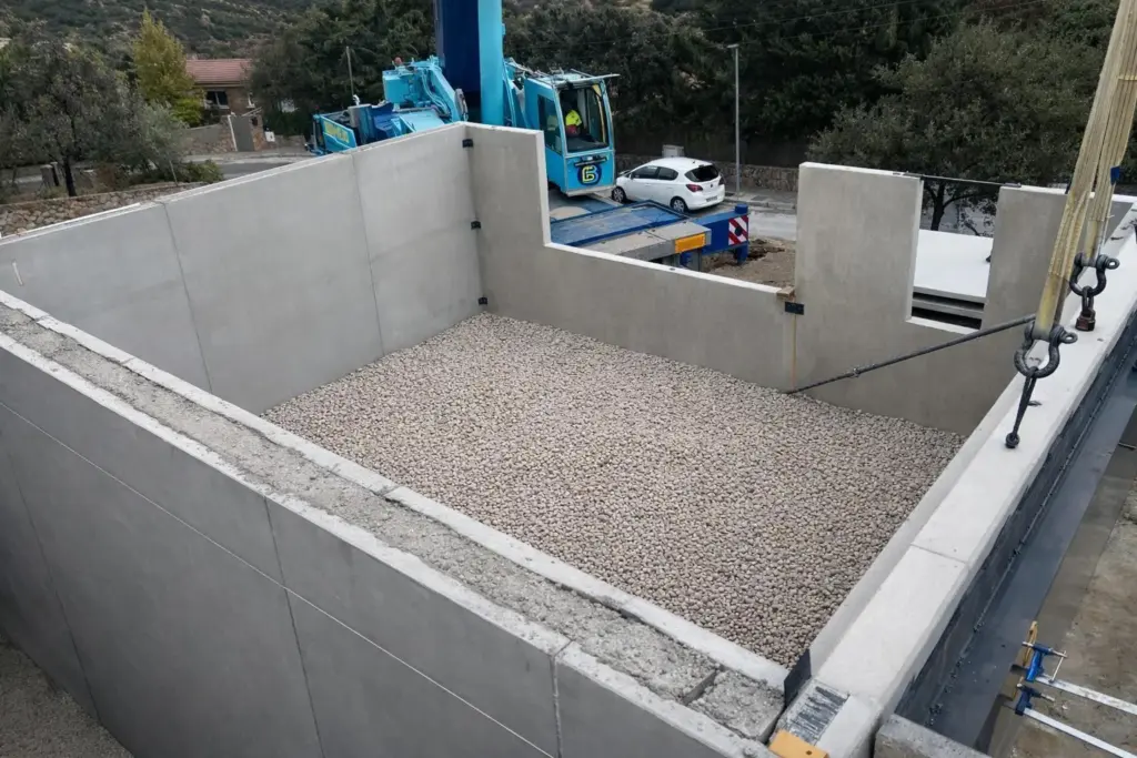 Muros de contención prefabricados de hormigón montados alrededor del vaso de un sótano
