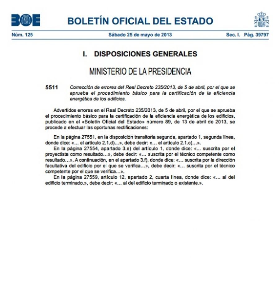 Corrección Errores RD 235/2013 de Certificación Energética 37233